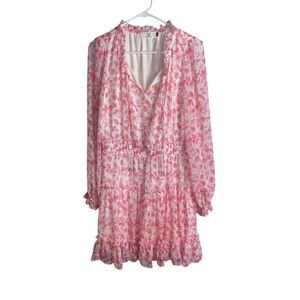 Homebody Pink Floral Ruffle Mini Dress Women’s Size M Long Sleeve Smocked Waist